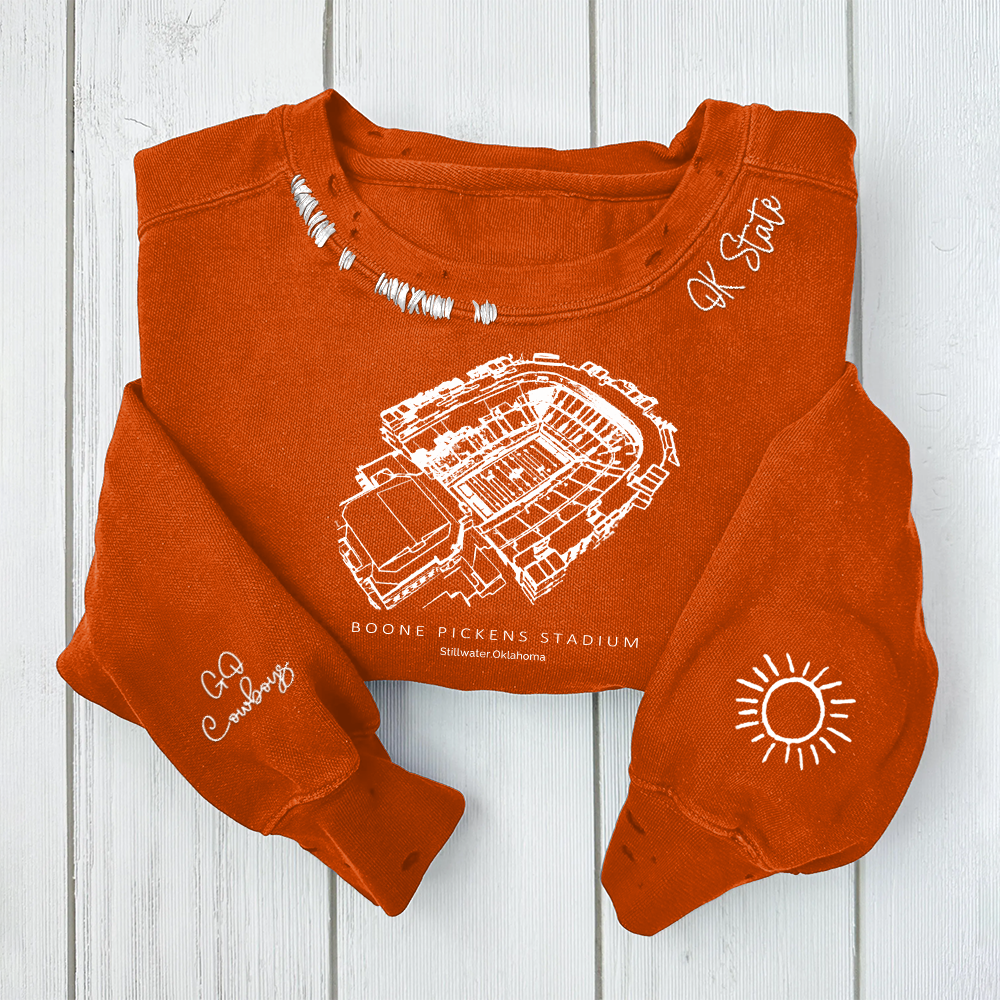 Boone Pickens Stadium - Oklahoma State Cowboys football Unisex Distressed Monogram Collar Sleeve Embroidery Chain Stitch Sweatshirt