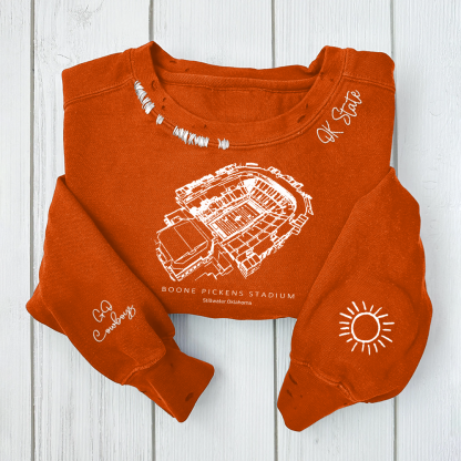 Boone Pickens Stadium - Oklahoma State Cowboys football Unisex Distressed Monogram Collar Sleeve Embroidery Chain Stitch Sweatshirt
