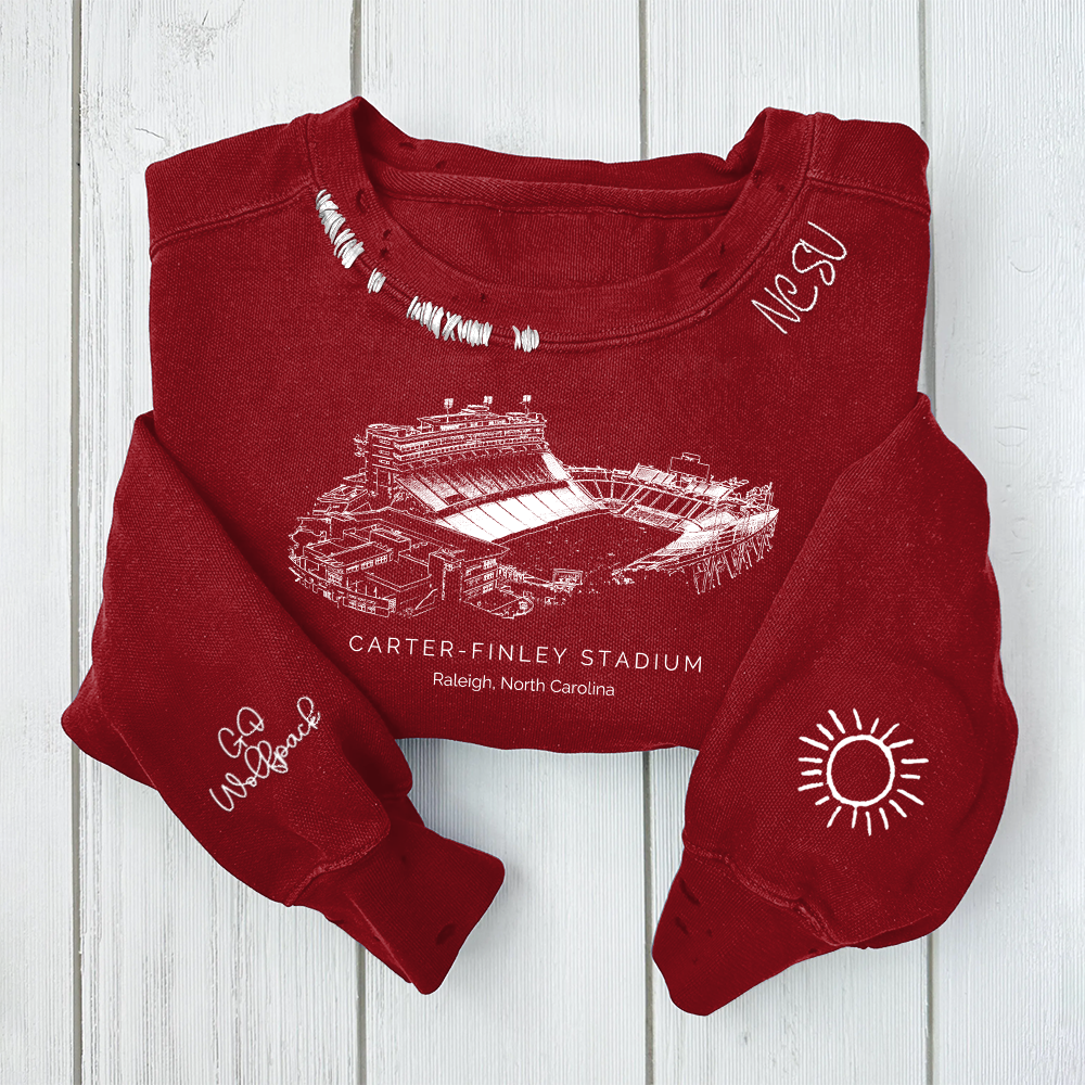 Carter–Finley Stadium - NC State Wolfpack football Unisex Distressed Monogram Collar Sleeve Embroidery Chain Stitch Sweatshirt