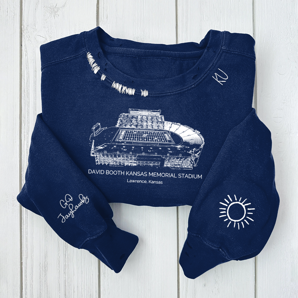 David Booth Kansas Memorial Stadium - Kansas Jayhawks football Unisex Distressed Monogram Collar Sleeve Embroidery Chain Stitch Sweatshirt