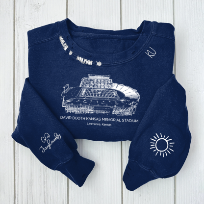 David Booth Kansas Memorial Stadium - Kansas Jayhawks football Unisex Distressed Monogram Collar Sleeve Embroidery Chain Stitch Sweatshirt
