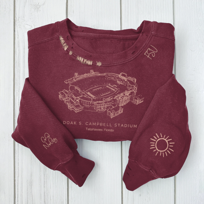 Doak S.Campbell Stadium - Florida State Seminoles football Unisex Distressed Monogram Collar Sleeve Embroidery Chain Stitch Sweatshirt