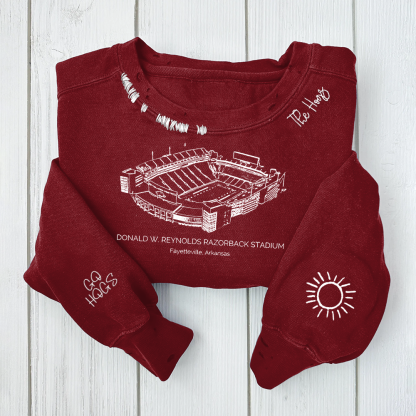 Donald W. Reynolds Razorback Stadium - Arkansas Razorbacks football Unisex Distressed Monogram Collar Sleeve Embroidery Chain Stitch Sweatshirt