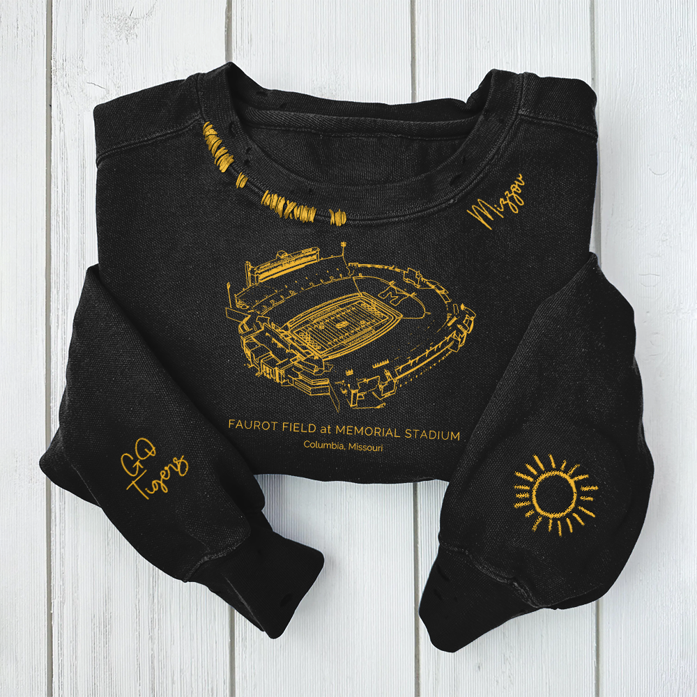 Faurot Field at Memorial Stadium- Missouri Tigers football Unisex Distressed Monogram Collar Sleeve Embroidery Chain Stitch Sweatshirt