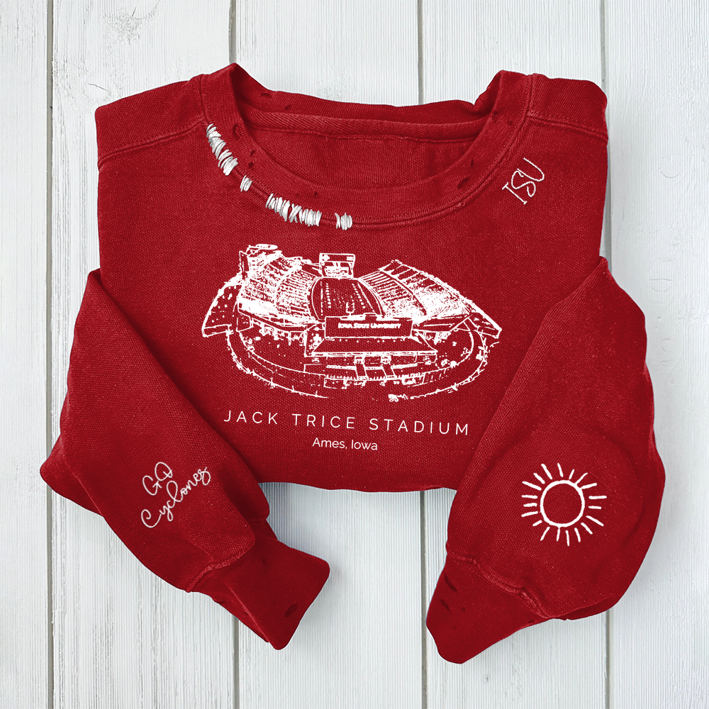 Jack Trice Stadium - Iowa State Cyclones football Unisex Distressed Monogram Collar Sleeve Embroidery Chain Stitch Sweatshirt