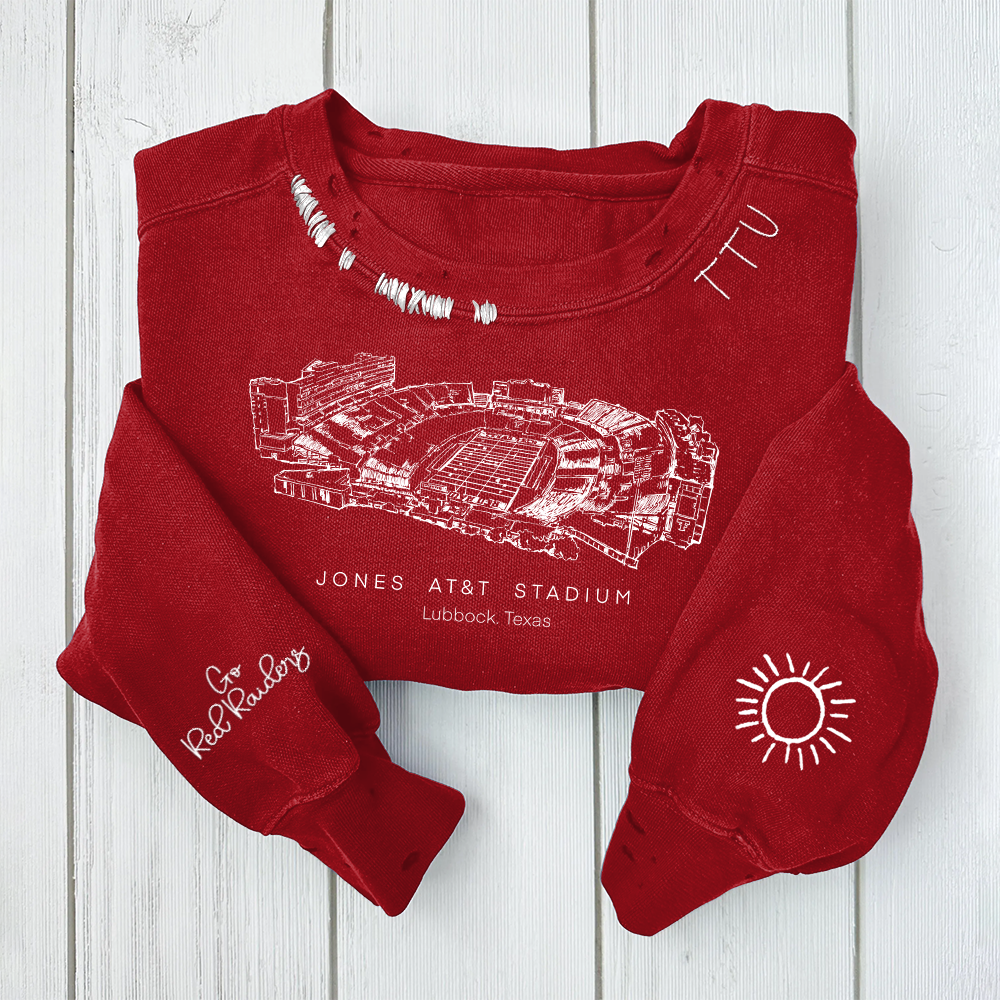 Jones AT&T Stadium - Texas Tech Red Raiders football Unisex Distressed Monogram Collar Sleeve Embroidery Chain Stitch Sweatshirt