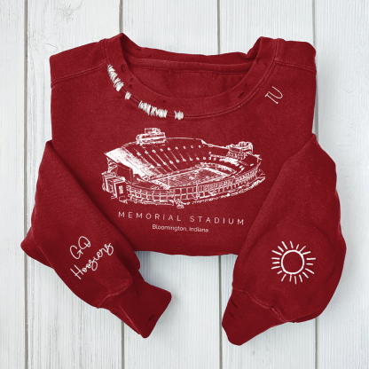 Memorial Stadium (Indiana) - Indiana Hoosiers football Unisex Distressed Monogram Collar Sleeve Embroidery Chain Stitch Sweatshirt