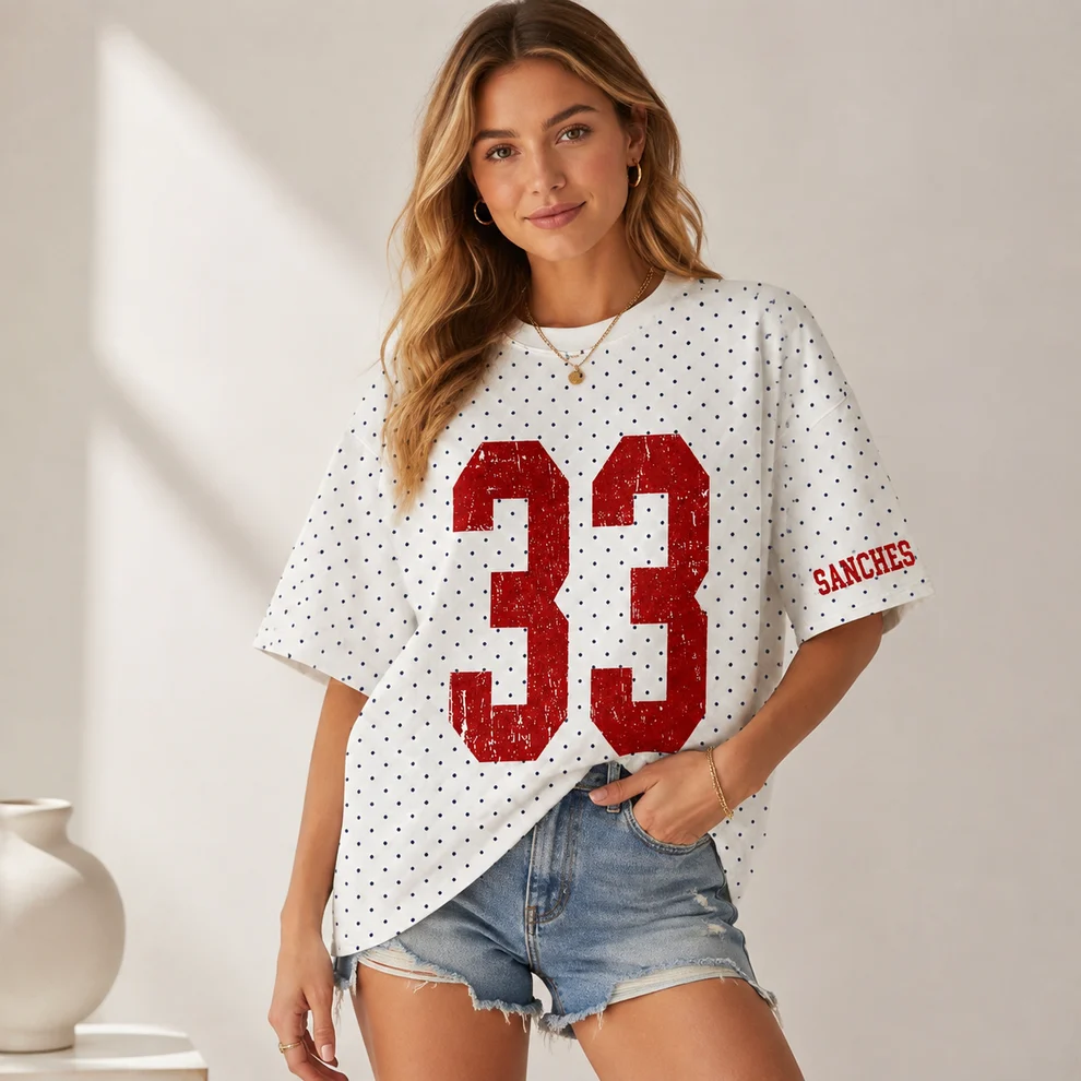 Custom Vintage Varsity Number or Letter Polka Dot Washed T-Shirt, Personalized Team Name Game Day Tee