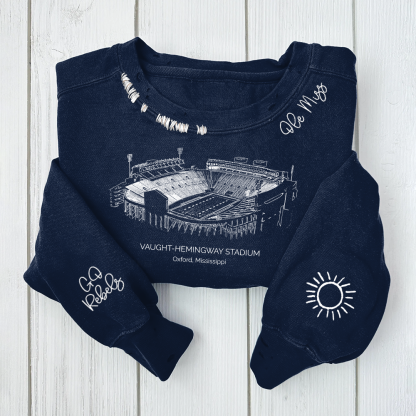 Vaught–Hemingway Stadium - Ole Miss Rebels football Unisex Distressed Monogram Collar Sleeve Embroidery Chain Stitch Sweatshirt