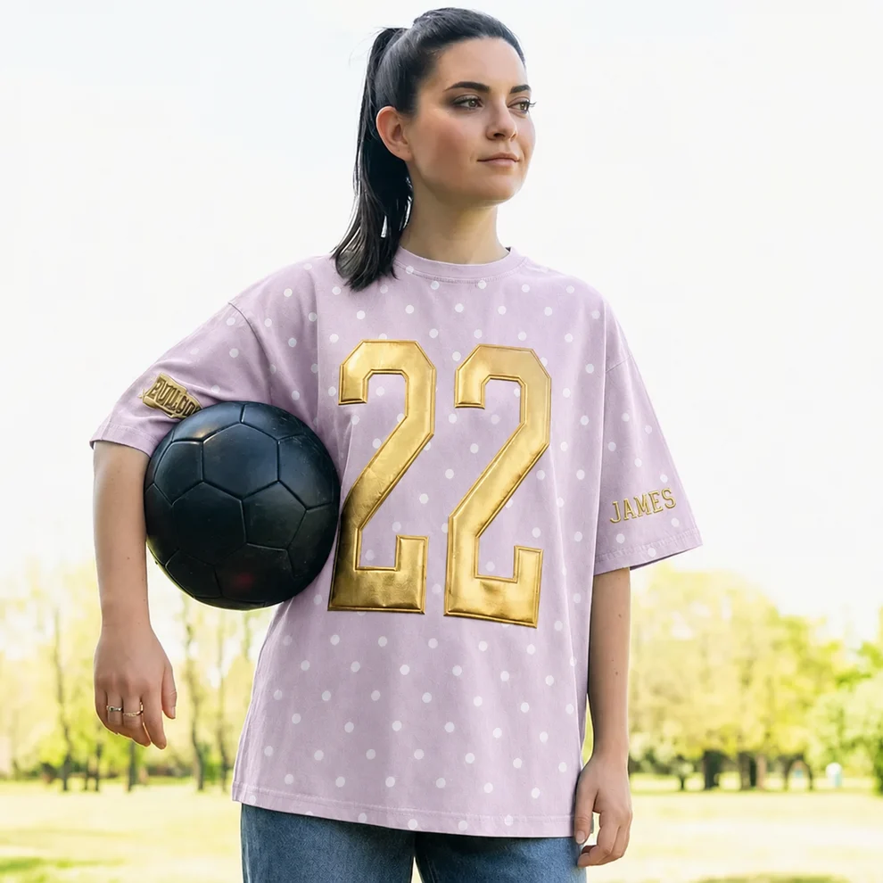 Custom Metallic Puff Number Polka Dot T-Shirt, Personalized Team Name Game Day Tee