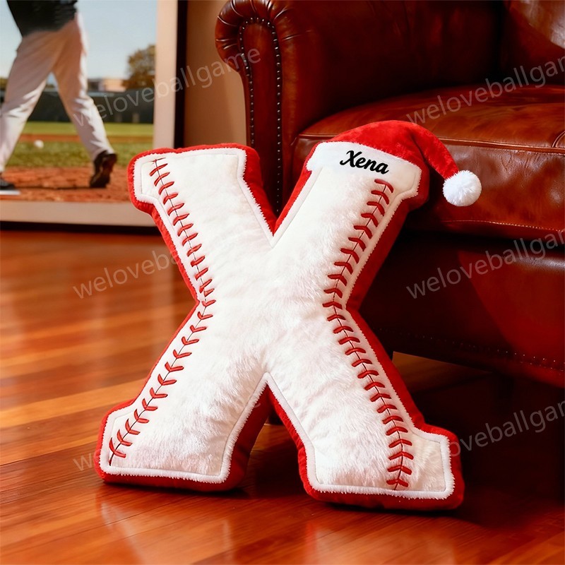 Custom Christmas Santa Hat Baseball Initial Pillow With Custom Name For Kids And Sports Fans