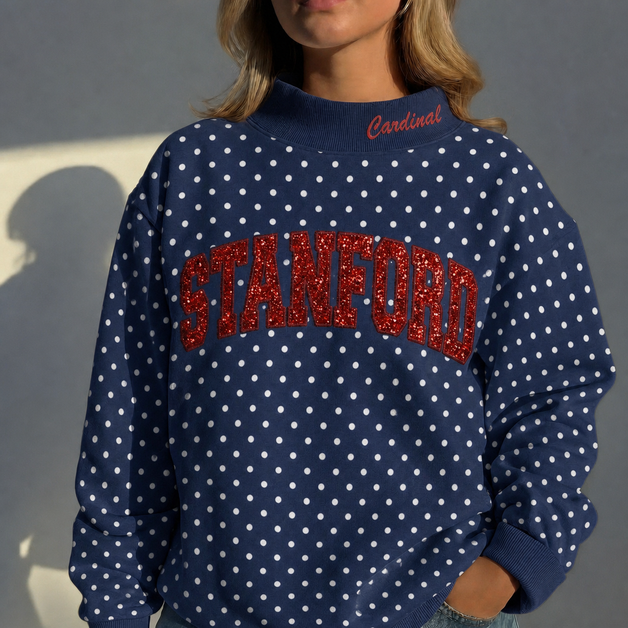 Custom Glitter Team Name Polka Dot Mockneck - Stand-up Collar | Gifts for Sports Mom | Game Day Wear