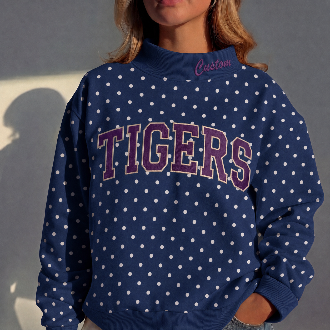 Custom Mockneck Embroidered Team Name Polka Dot Sweatshirt – Stand-up Collar | Game Day Wear
