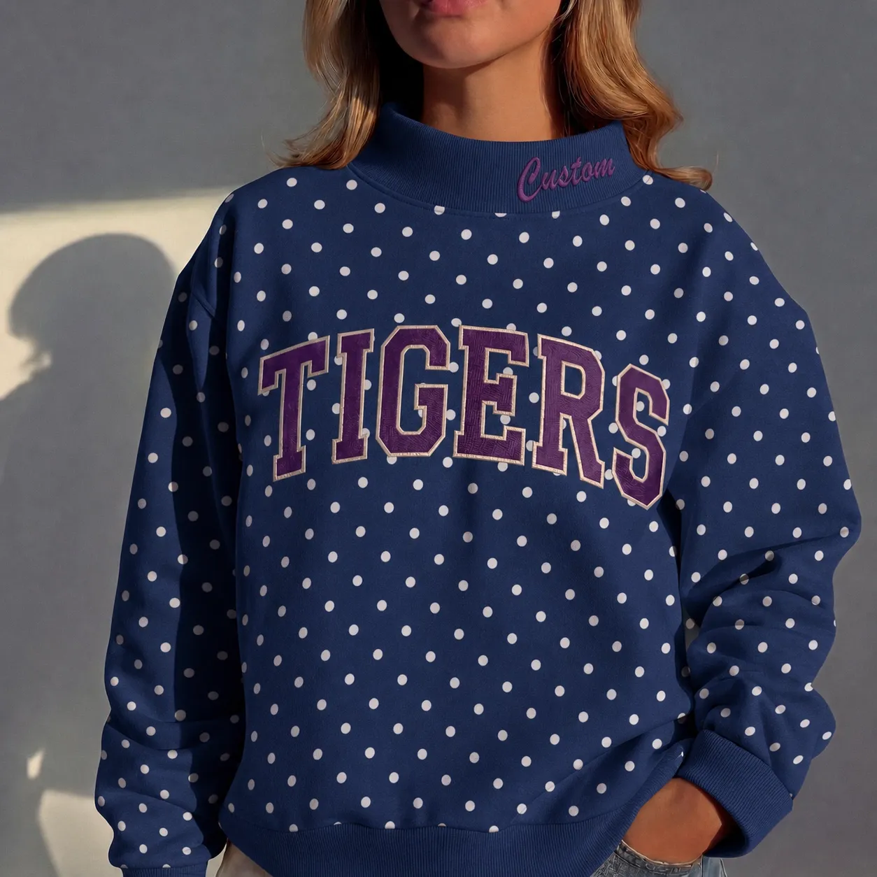 Custom Mockneck Embroidered Team Name Polka Dot Sweatshirt - Stand-up Collar | Game Day Wear