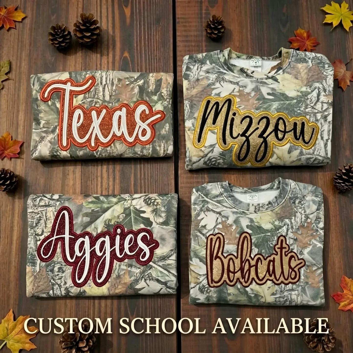 Custom Camo Glitter Team Embroidered Sweatshirt & Tee ＆ Hoodie