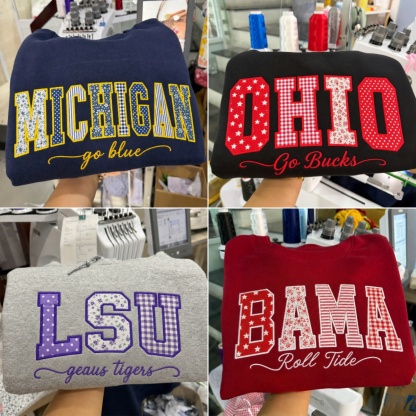 Custom Patchwork Embroidered Sweatshirt, Floral Varsity Crewneck, Personalized College Sweatshirt, Custom Applique Pullover