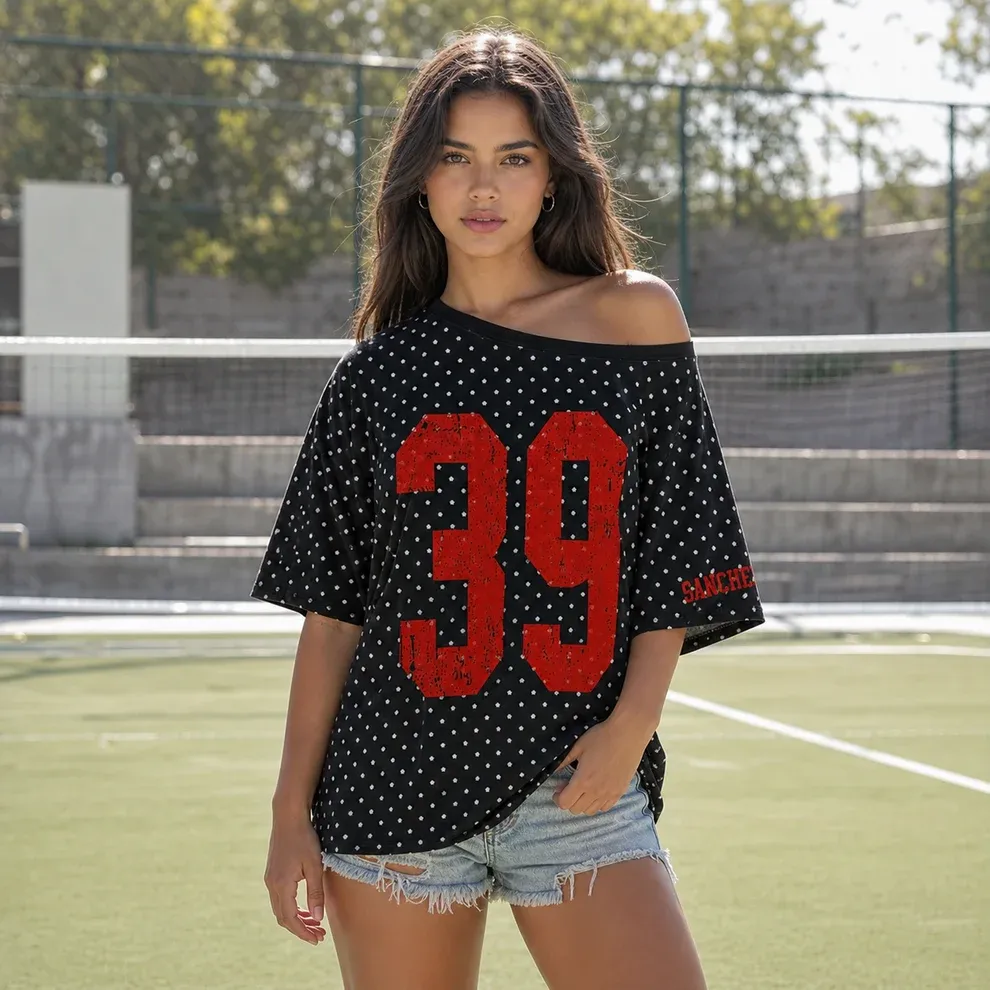 Custom Off-Shoulder Polka Dot Vintage Varsity Jersey T-Shirt - Personalized Number & Name
