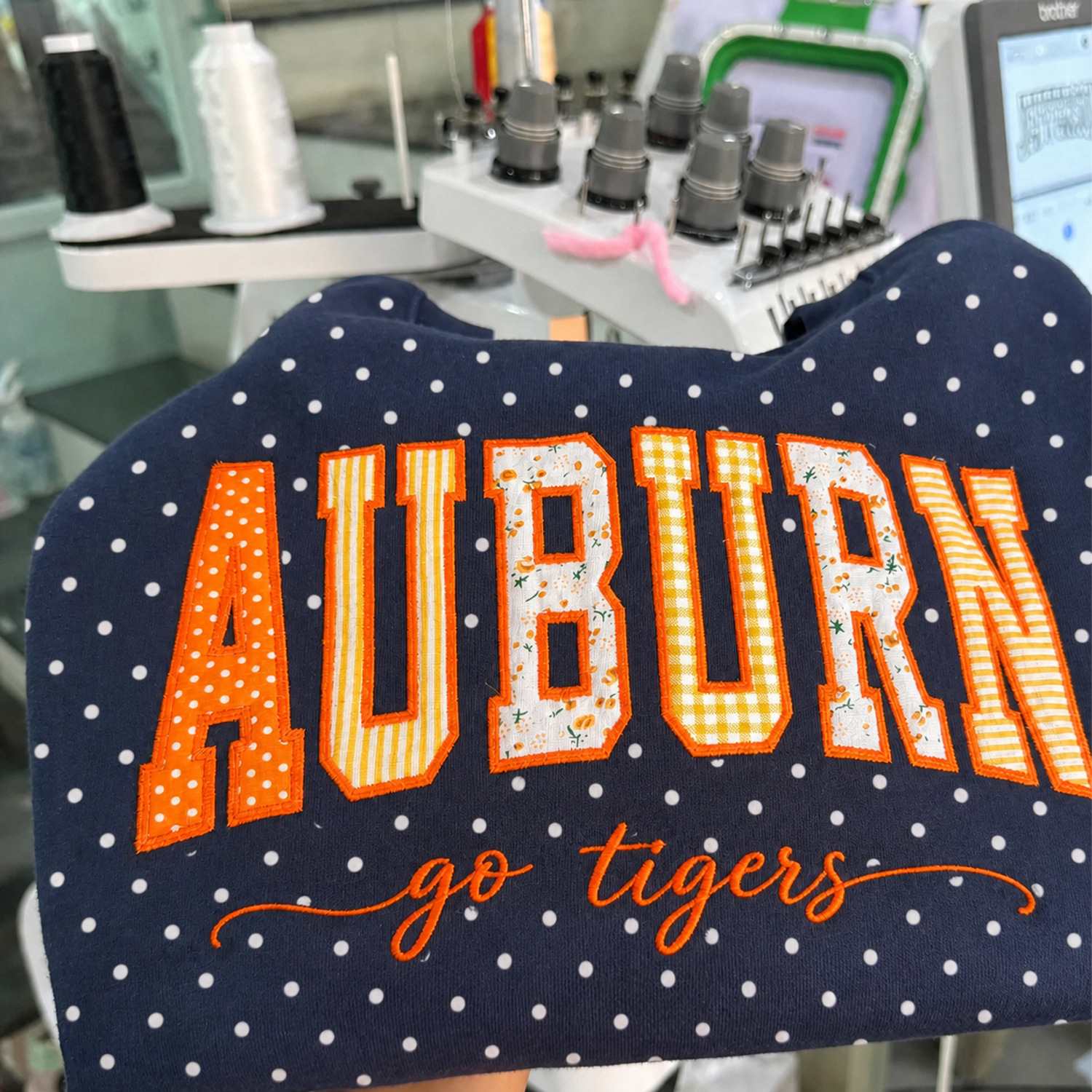 Custom Patchwork Fabric Embroidered Polka Dot Sweatshirt Team and School Name Applique Varsity Letters
