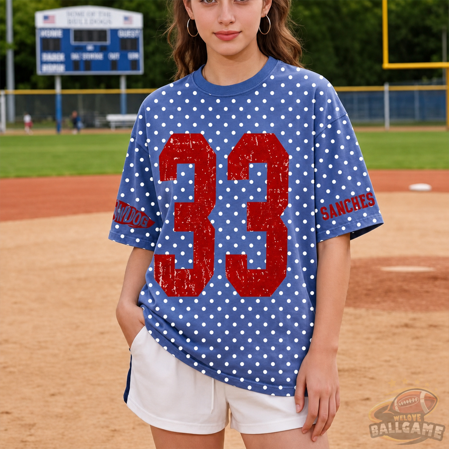 Custom Vintage Varsity Number and Custom Name on Back Polka Dot Washed T-Shirt Game Day School Spirit Shirt