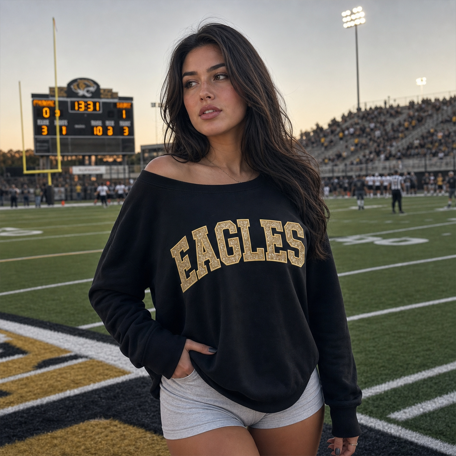 Custom Glitter Team Name Off The Shoulder Sweatshirt, Gifts for Sports Mom, Game Day Wear