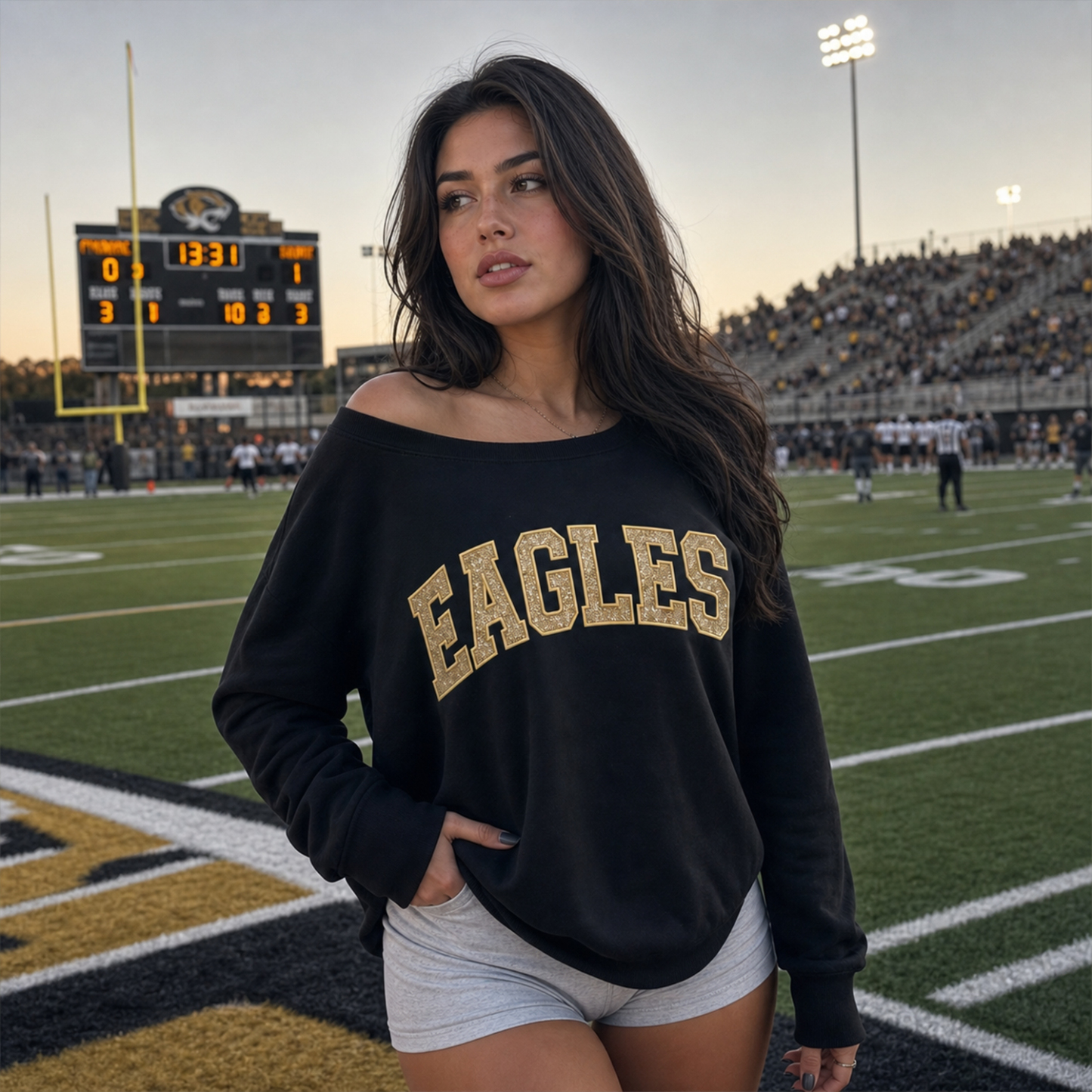 Custom Glitter Team Name Off The Shoulder Sweatshirt, Gifts for Sports Mom, Game Day Wear