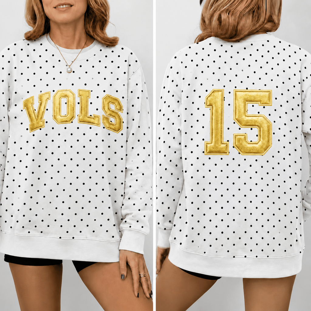 Custom Metallic Puff Polka Dot Team Name Sweatshirt - Personalized Back Number Game Day Crewneck