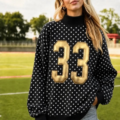 Custom Metallic Puff Number Polka Dot Mockneck, Personalized Team Number Game Day Wear