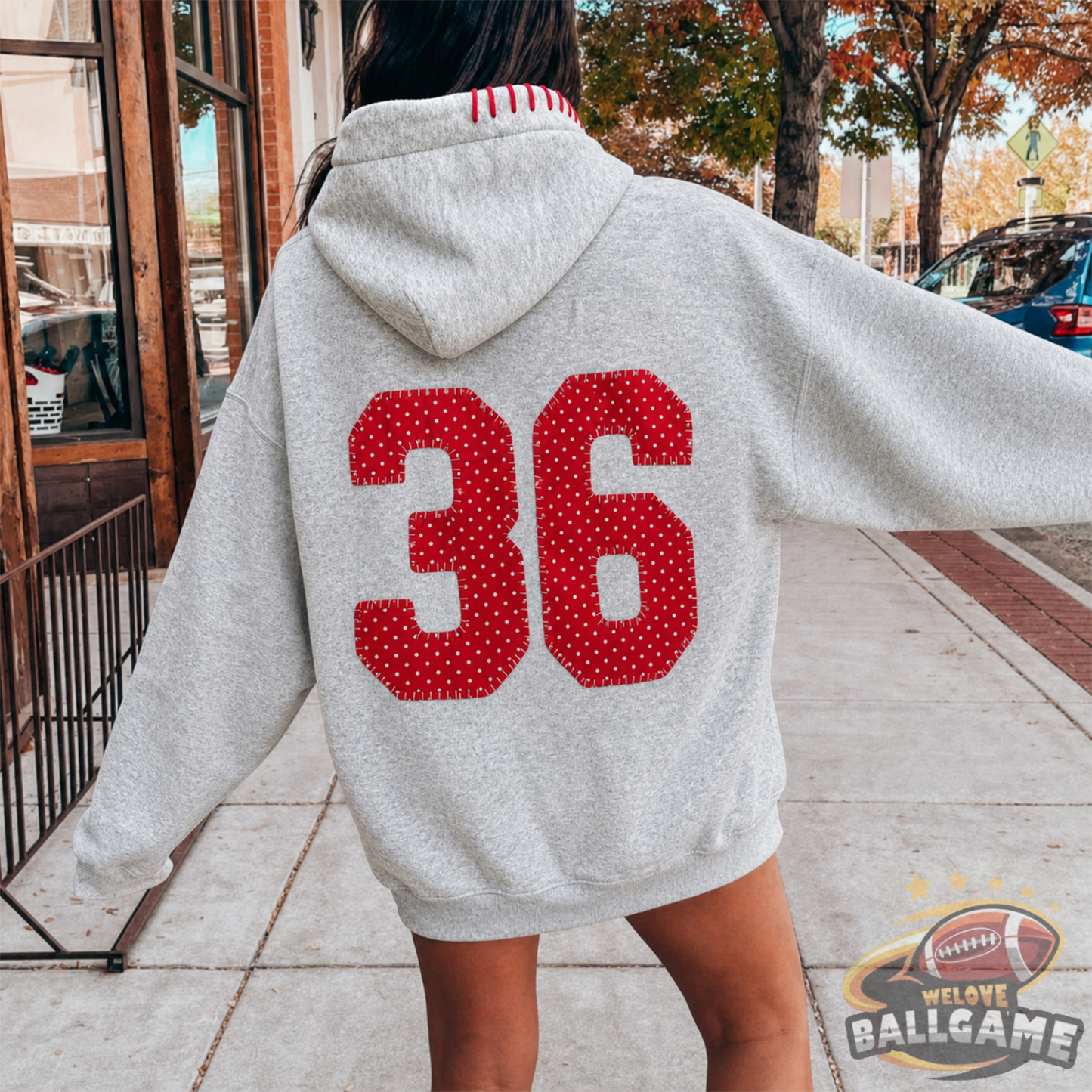 Custom Polka Dot Number Baseball Patchwork Hoodie, Personalized Player Number Game Day Apparel
