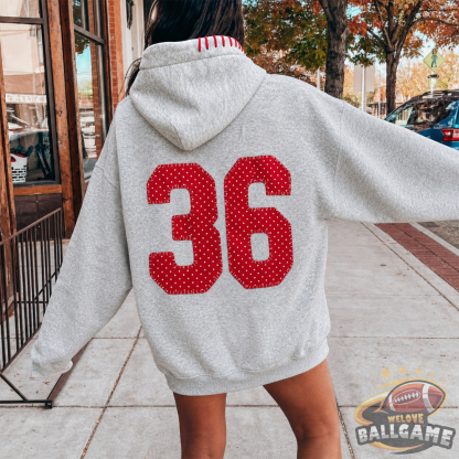 Custom Polka Dot Number Baseball Patchwork Hoodie, Personalized Player Number Game Day Apparel