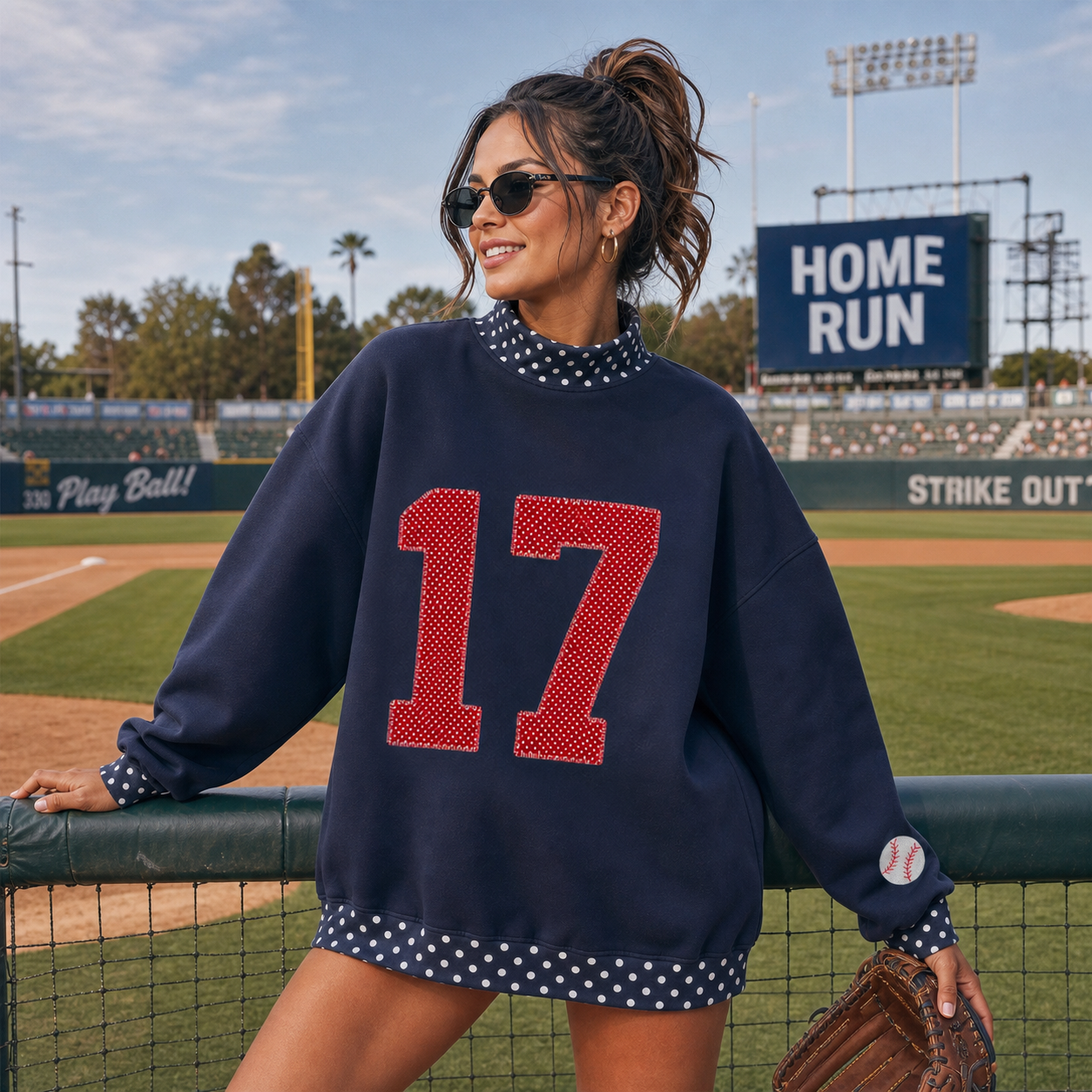 Custom Polka Dot Number Baseball Patchwork Polka Dot Check MockNeck Pullover 