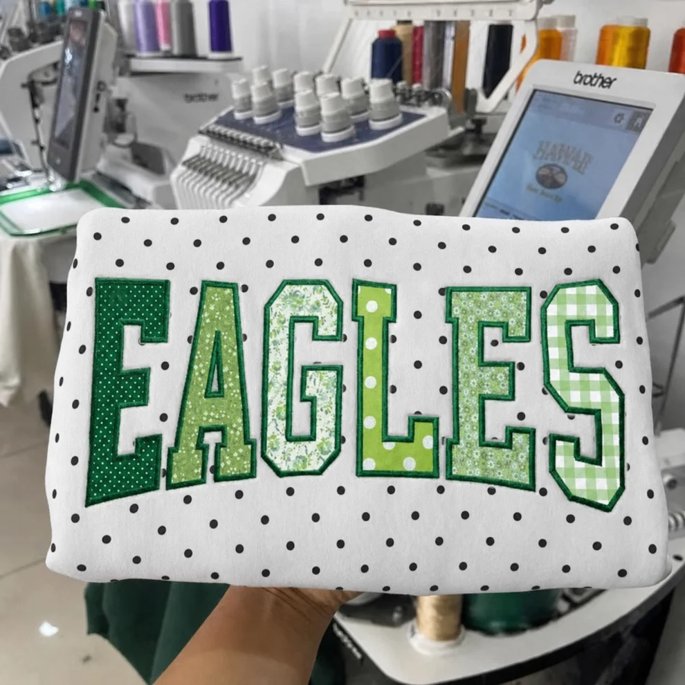 Custom Patchwork Fabric Embroidered Polka Dot Sweatshirt Team and School Name Applique Varsity Letters