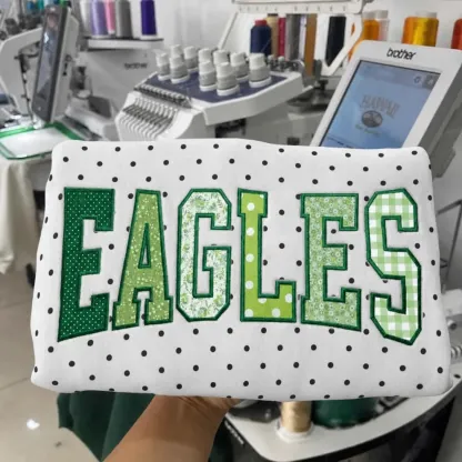 Custom Patchwork Fabric Embroidered Polka Dot Sweatshirt Team and School Name Applique Varsity Letters