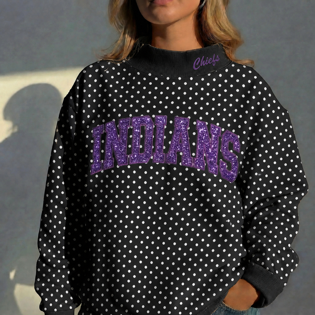 Custom Glitter Team Name Polka Dot Mockneck - Stand-up Collar | Gifts for Sports Mom | Game Day Wear