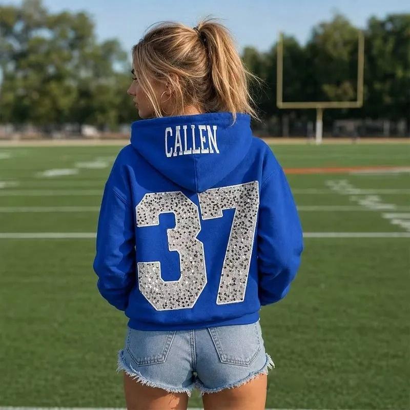 Custom Sequin Number Hoodie, Personalized Name Embroidery On Hood Back Game Day Team Spirit Hoodie