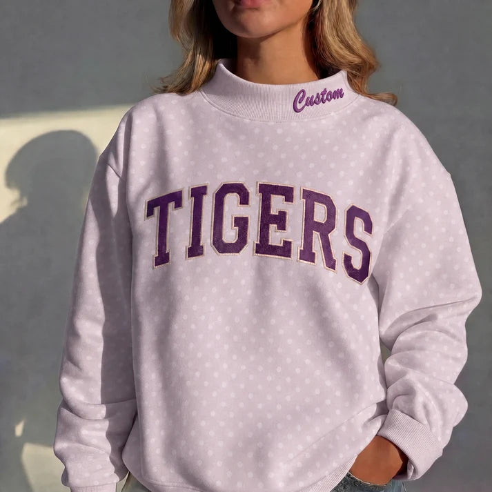 Custom Mockneck Embroidered Team Name Polka Dot Sweatshirt – Stand-up Collar | Game Day Wear