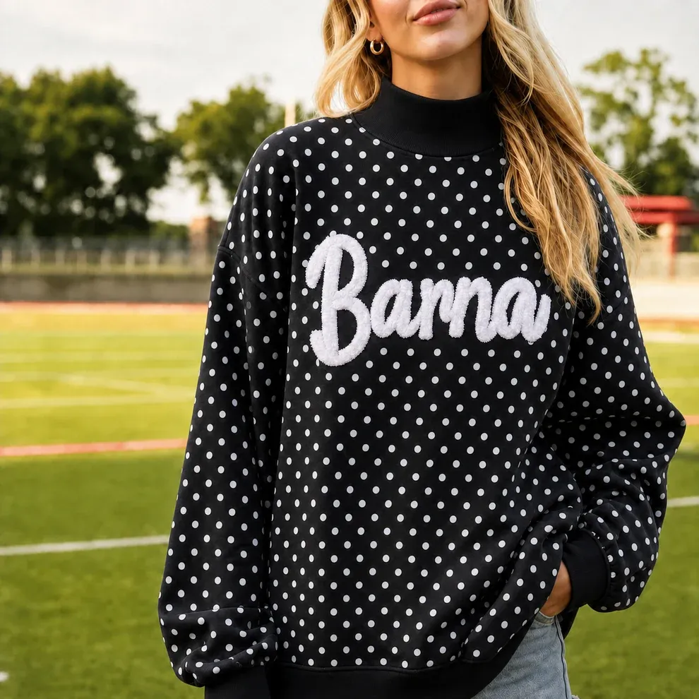 Custom College Chenille Team Name Embroidered Polka Dot Mockneck Game Day Wear