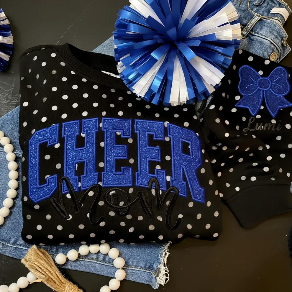 Custom Glitter Embroidered College Cheer Mom Polka Dot Sweatshirt, Gifts for Sports Mom, Game Day Wear