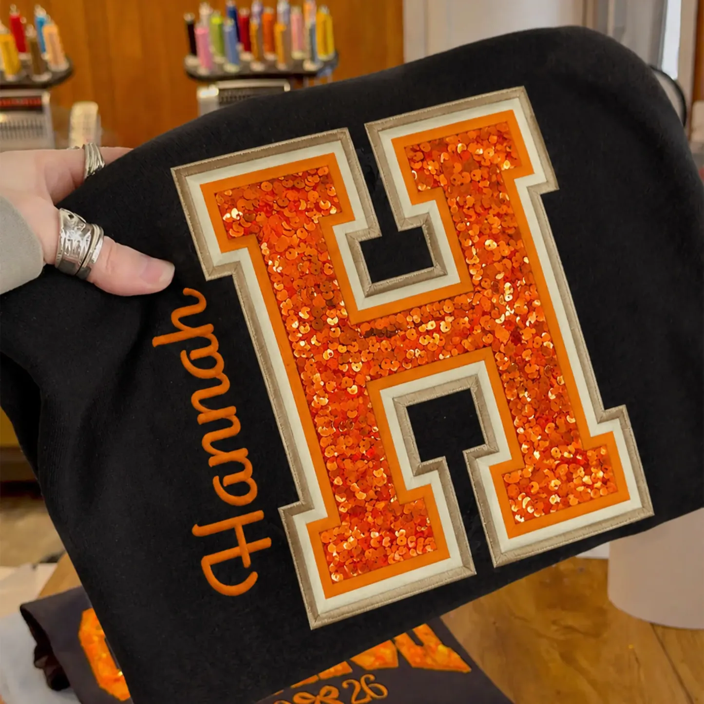 Custom Sequin Varsity Letter Sweatshirt with Multi-Stitched Embroidered Outline - Personalized Sports Fan Gifts