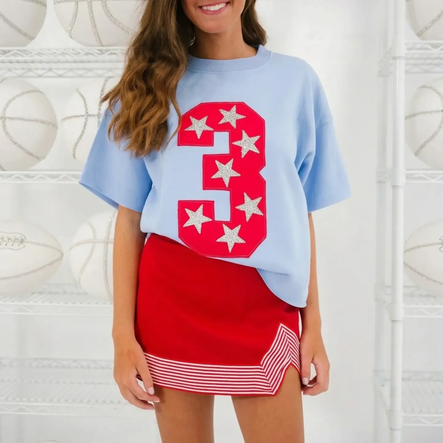 Custom Game Day Team Number & Glitter Star Embroidered Shirt - Personalized Gifts for Sports Lovers