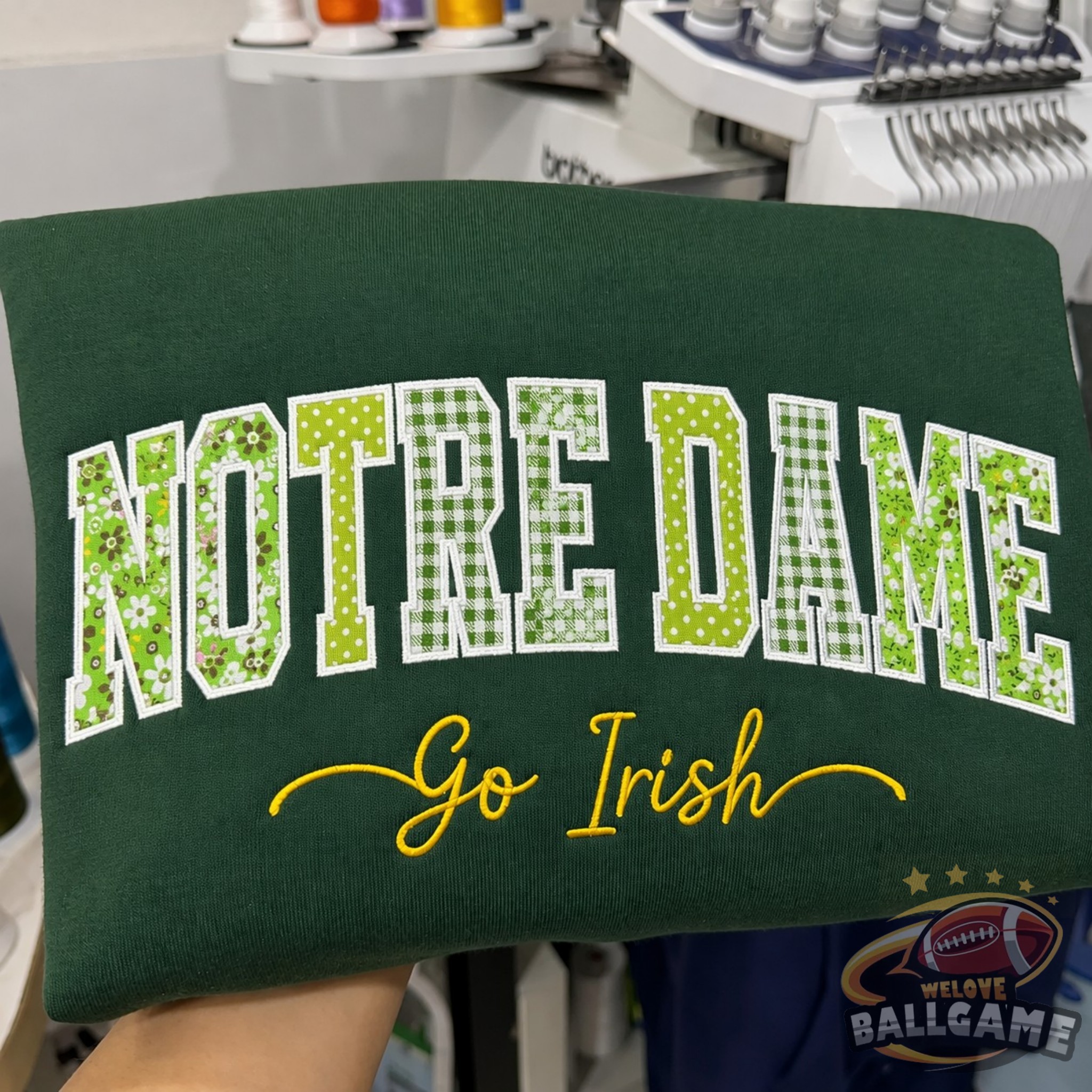 Custom Notre Dame Patchwork Fabric Embroidered Sweatshirt Team and School Name Applique Varsity Letters