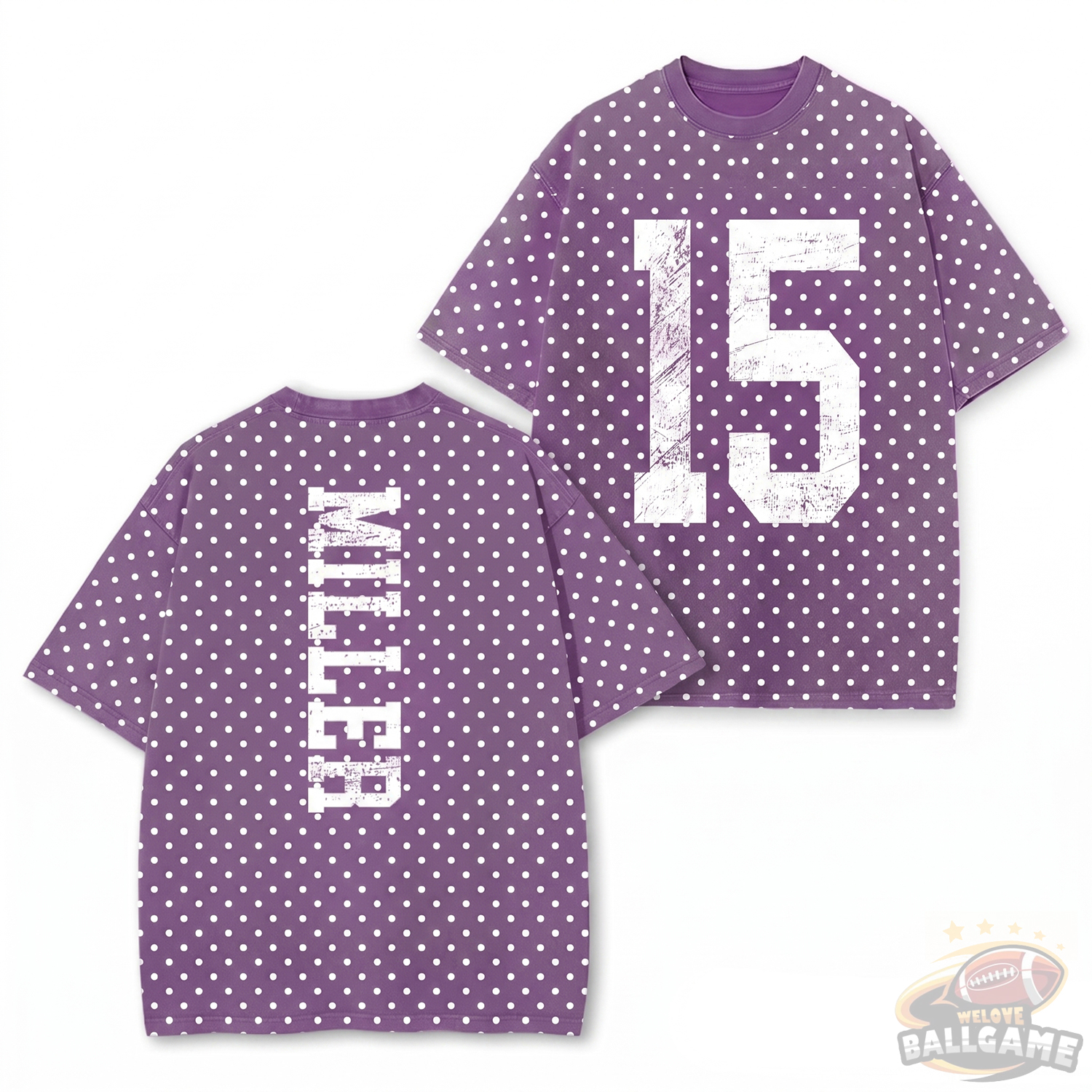 Custom Vintage Varsity Number and Custom Name on Back Polka Dot Washed T-Shirt Game Day School Spirit Shirt