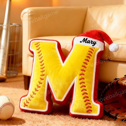 Custom Christmas Santa Hat Softball Initial Throw Pillow With Custom Name For Kids And Sports Fans