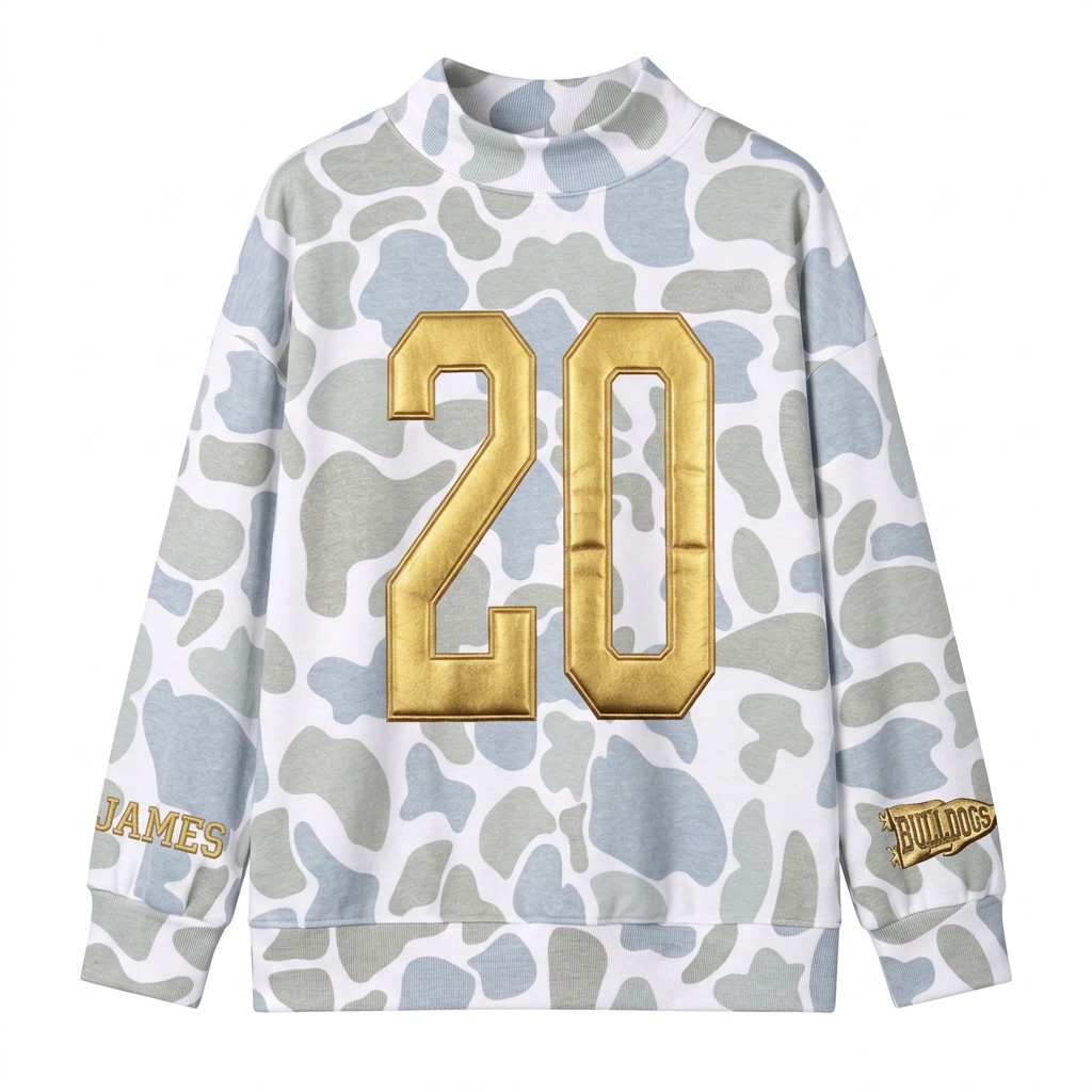 Custom Metallic Puff Number Camo Mock Neck Sweatshirt, Game Day Wear