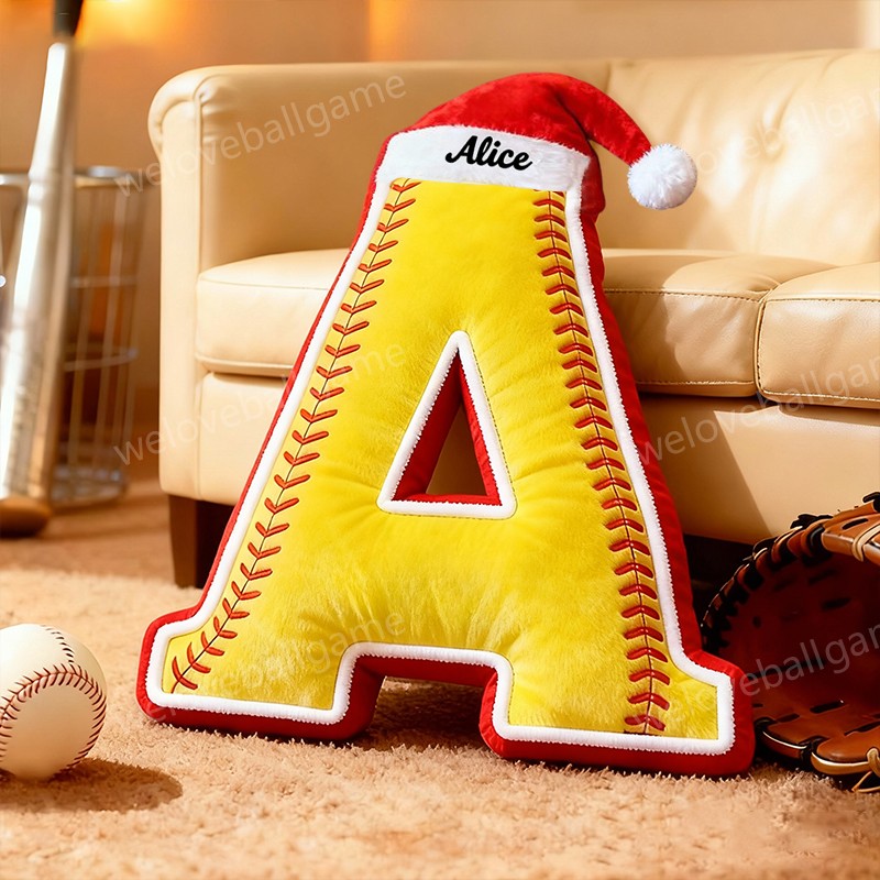 Custom Christmas Santa Hat Softball Initial Throw Pillow With Custom Name For Kids And Sports Fans