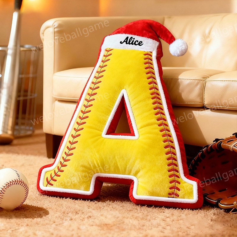 Custom Christmas Santa Hat Softball Initial Throw Pillow With Custom Name For Kids And Sports Fans
