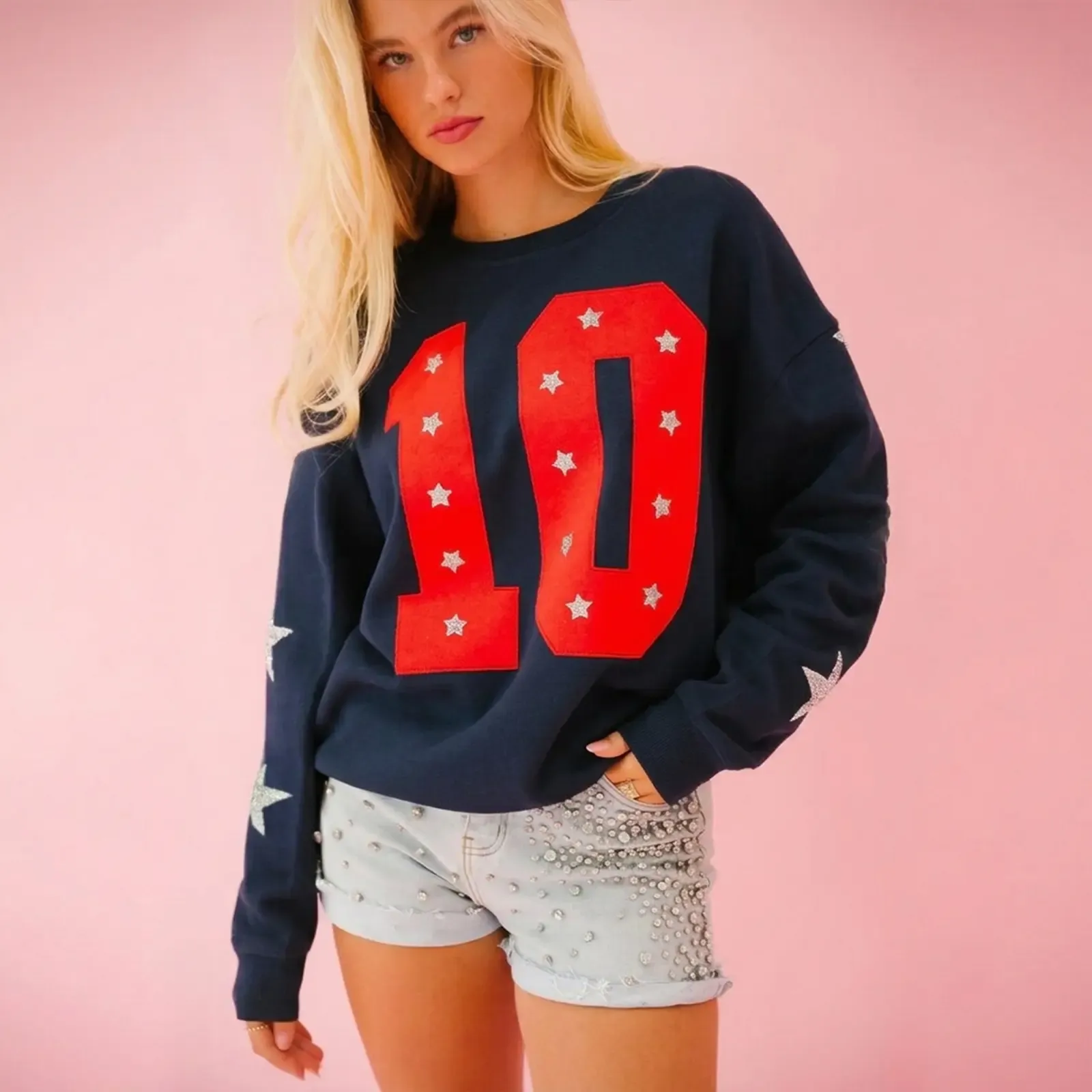 Custom Game Day Team Number & Glitter Star Embroidered Shirt - Personalized Gifts for Sports Lovers