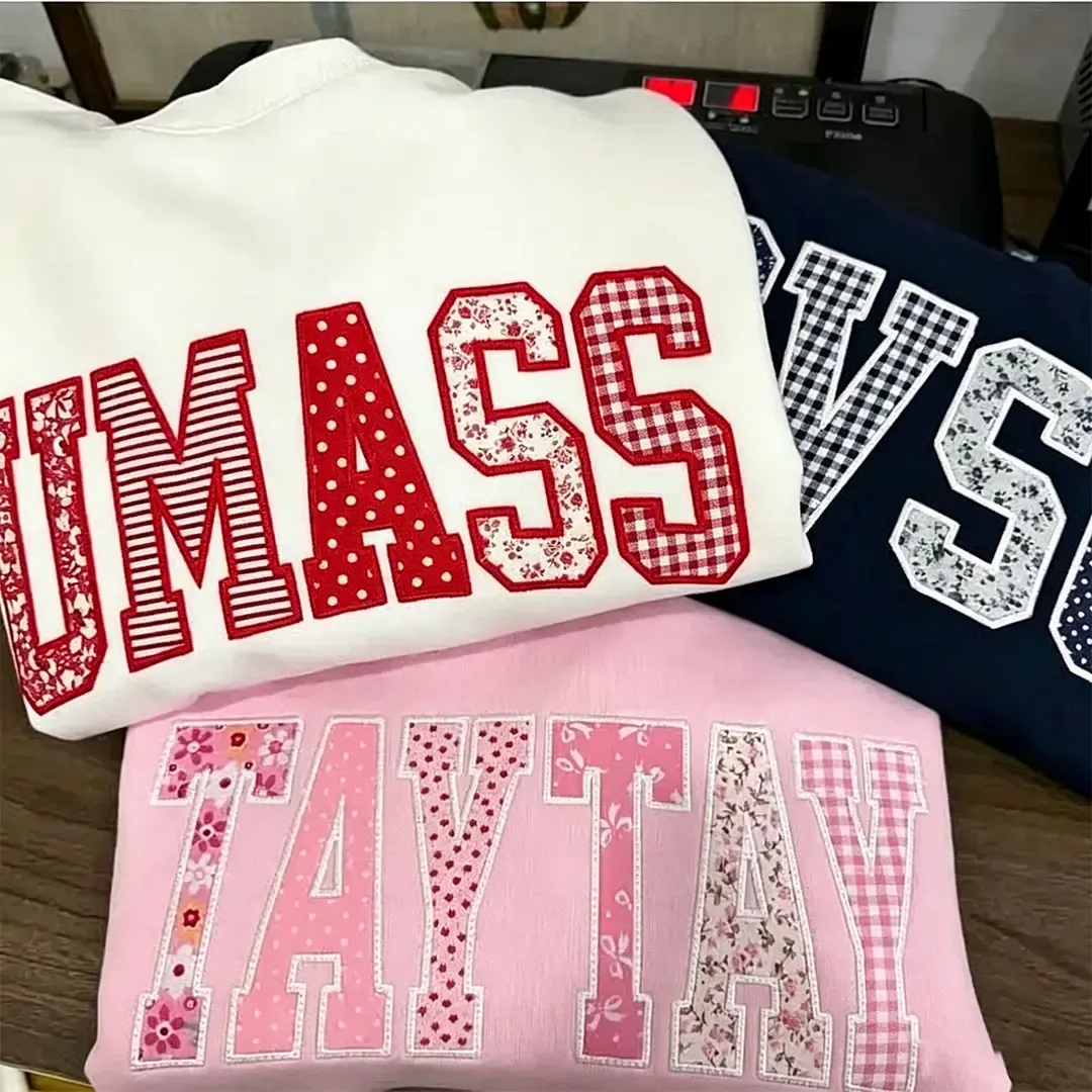Custom Patchwork Fabric Embroidered Sweatshirt Team and School Name Applique Varsity Letters