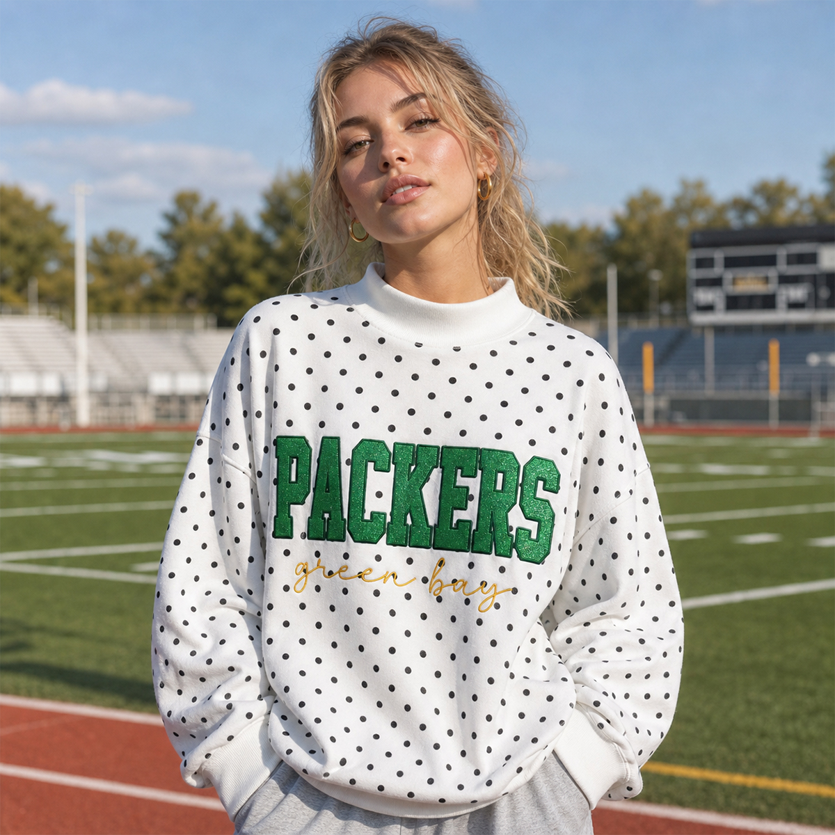 Custom Glitter Embroidered Polka Dot Mockneck Sweatshirt, Personalized Team Game Day Crewneck