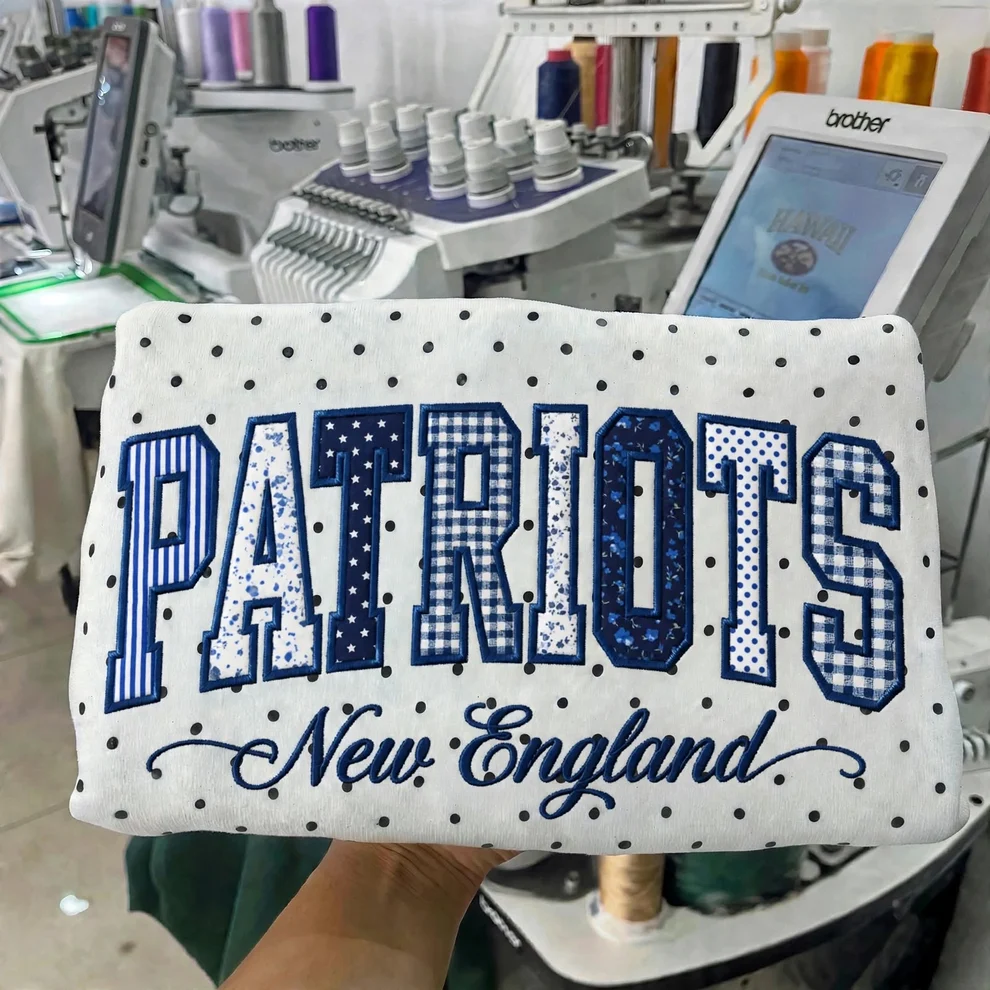 Custom Patchwork Fabric Embroidered Polka Dot Sweatshirt Team and School Name Applique Varsity Letters