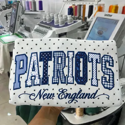 Custom Patchwork Fabric Embroidered Polka Dot Sweatshirt Team and School Name Applique Varsity Letters